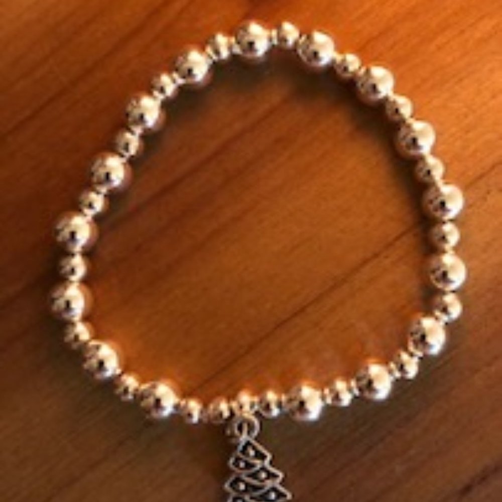 Silver Beads Bracelet W/ Xmas Tree Charm